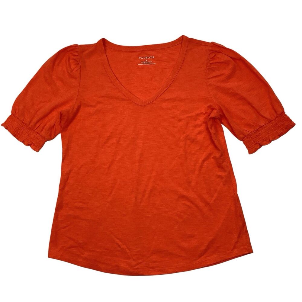 Talbots Orange V Neck Puff Sleeve Smocked Cuffs Tee Blouse Top Women M Preppy